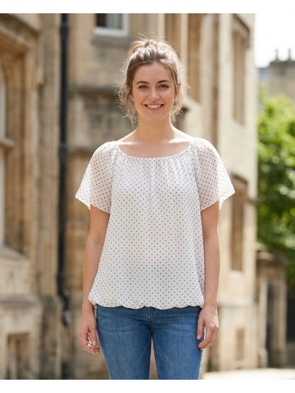 Luisa Ricci White Silk Polka Dot Blouse with Elastic Hem Size L